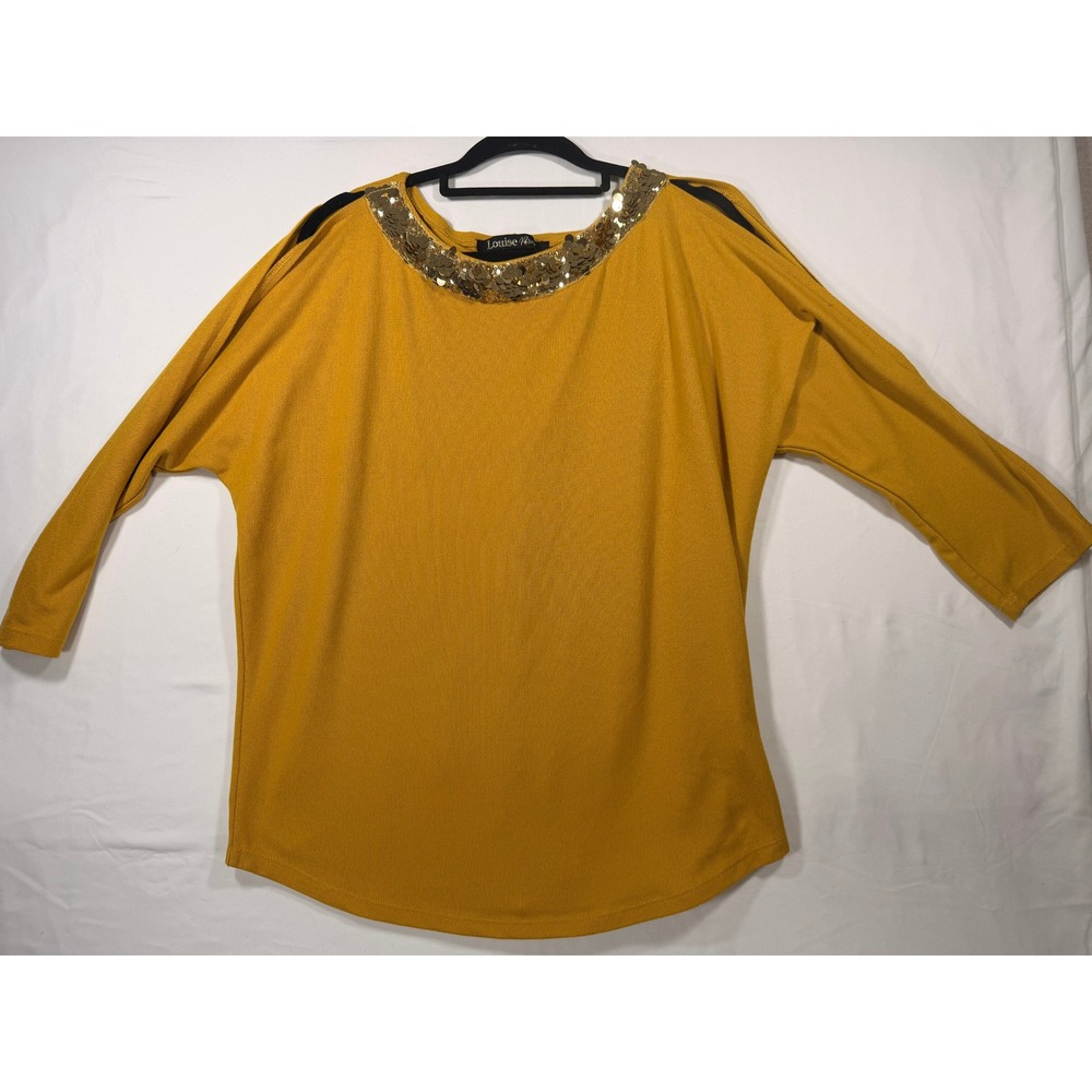 Louise Paris Sequin Top Women M Mustard Yellow Excellent‎ Cold Shoulder Dolman